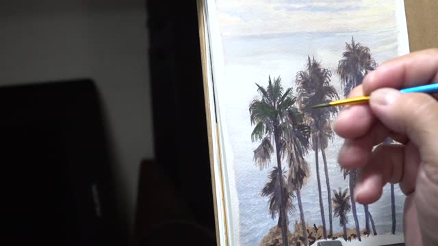 Painting an Evening in Amakusa City, Beach with Palm Trees (Gouache)