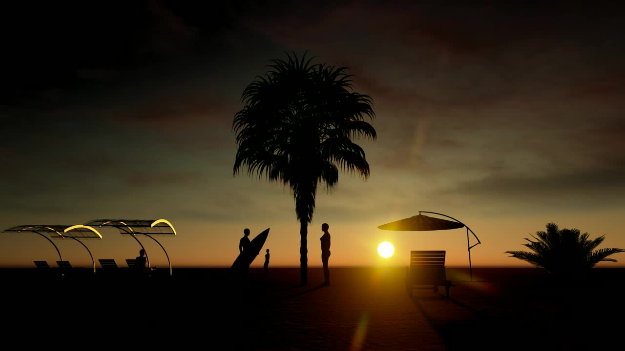 Sunset in the beach with people in the sand
