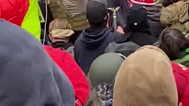 Donald Trump supporters pulling Antifa terrorists away from building.