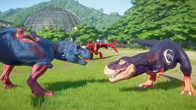 Venom Carnage vs Iron Man vs Superman Dinosaurs Fight in Jurassic World Evolution