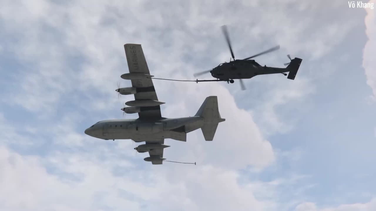 The HH-60 Pave Hawk helicopter air refueling with KC-130J tanker