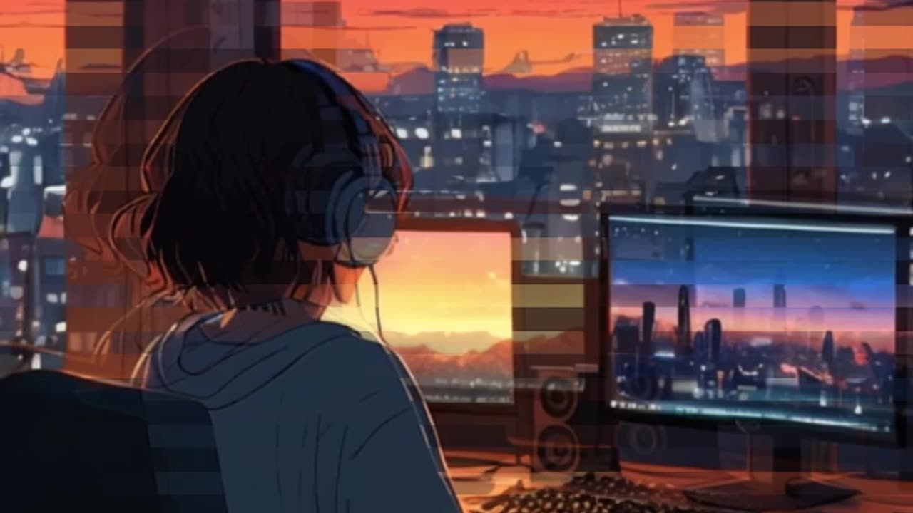 Ocean Love - An anime girl sitting in a cozy bedroom in front of a computer