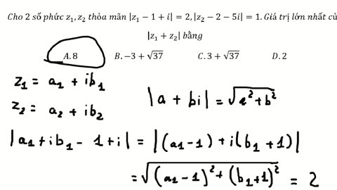 Cho 2 số phức z_1,z_2 thỏa mãn |z_1-1+i|=2,|z_2-2-5i|=1.Giá trị lớn nhất của |z_1+z_2 | bằng