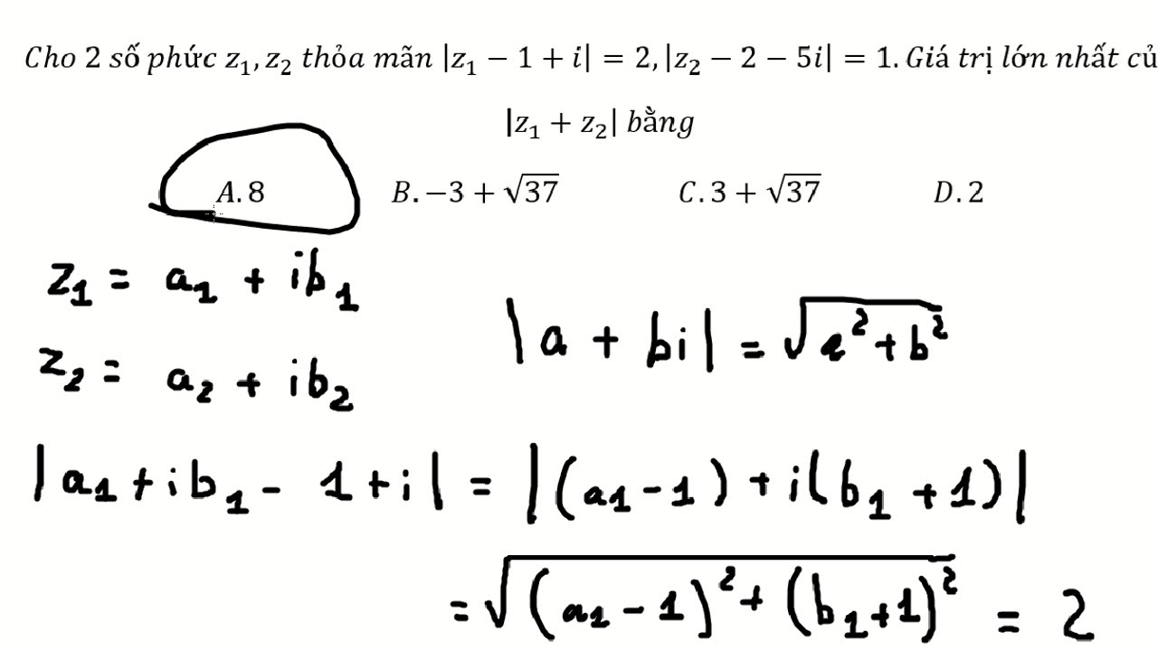 Cho 2 số phức z_1,z_2 thỏa mãn |z_1-1+i|=2,|z_2-2-5i|=1.Giá trị lớn nhất của |z_1+z_2 | bằng