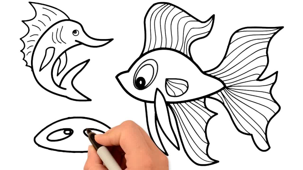 Drawing and Coloring for Kids - How to Draw Fishes and Crab