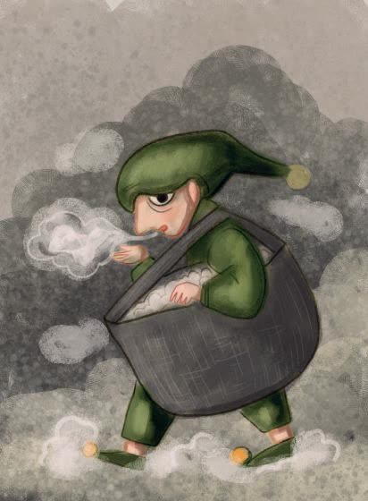 An elf clearing up dust in the house