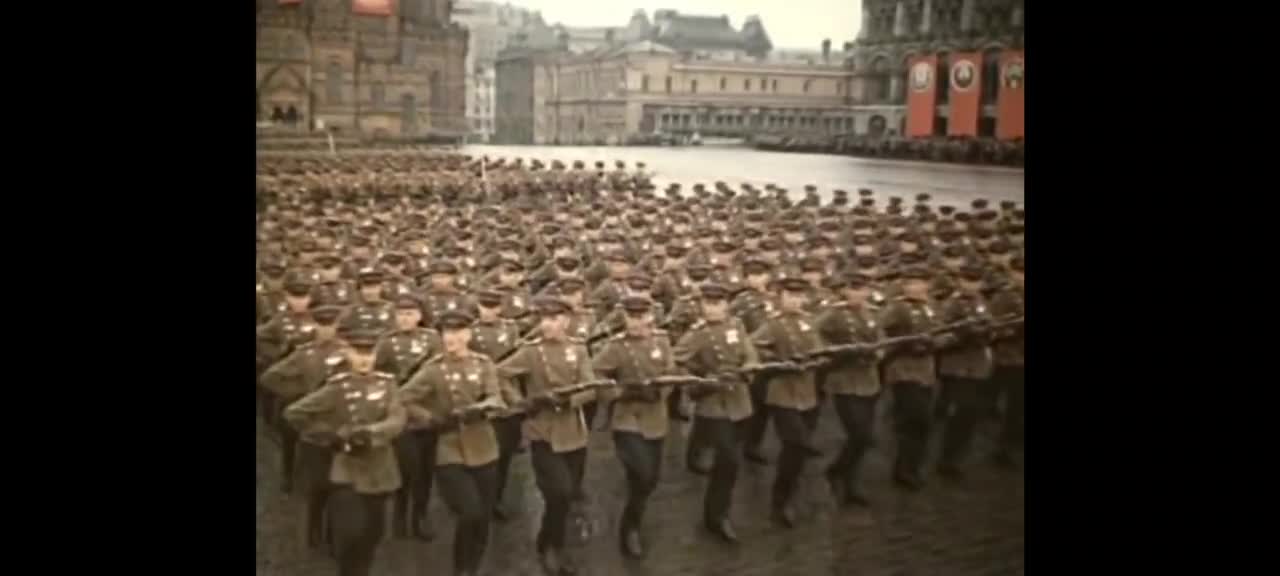 Footage from 9 May 1945 parade in Moscow, with those who were left 30 million dead