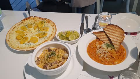 Gorgonzola Pizza, Rose Pasta and Pickles