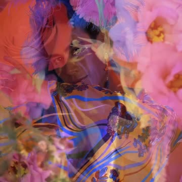 Extravagant gay boy in abstract video with flowers