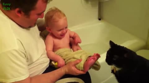 Cute baby with cute cat