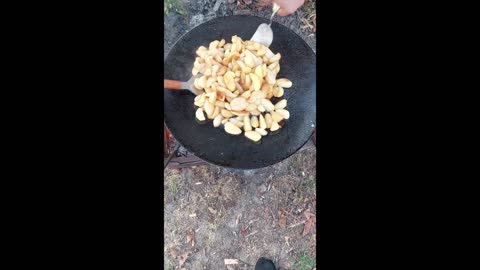 Fry potatoes on outdoor.