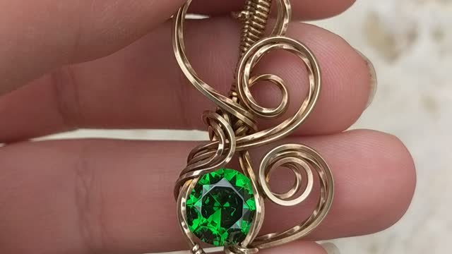 Green CZ and Jeweler Brass Wire Wrap Necklace