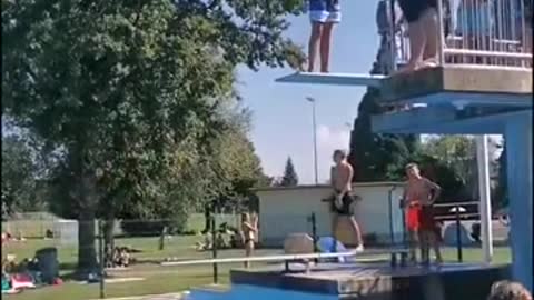 Fat person jumping into swimming pool...