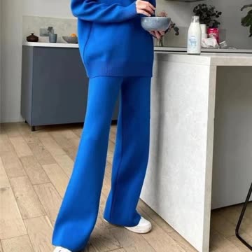 2 Pieces Women Sets Knitted Tracksuit Turtleneck Sweater and Straight Jogging Pants Suits