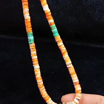 amber roundle beads and orange spiny oyster with white shell pendant necklace 02
