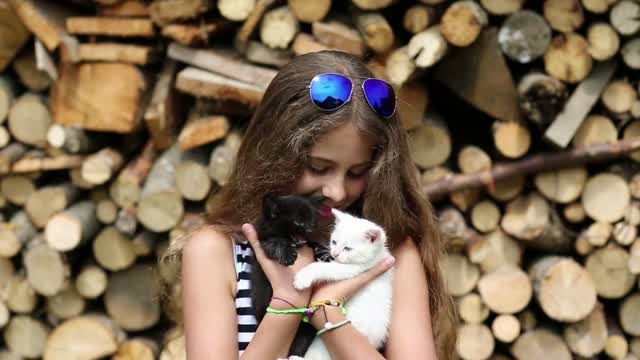 Beautiful girl in blue sunglasses holds in hands white and black cats