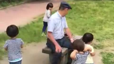 Little girl met a cute dog at the park