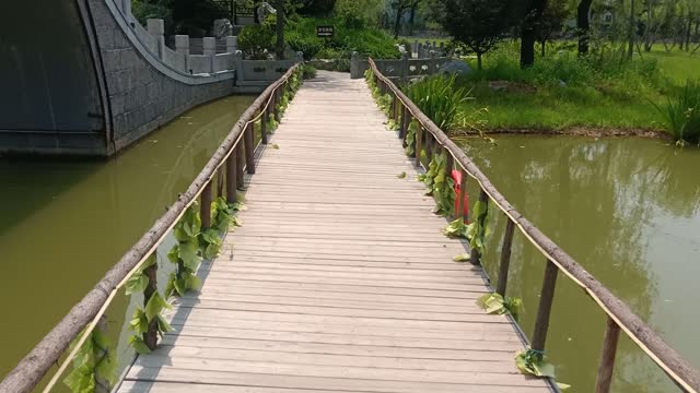 Small bridge swings on water