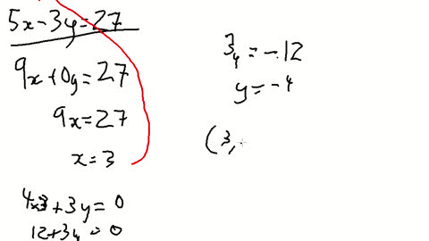 Simultaneous Equations, elimination; 4x+3y=0 & 5x-3y=27