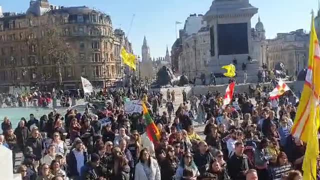 Protesters gather in Trafalgar Square in London UK for the world wide freedom rally